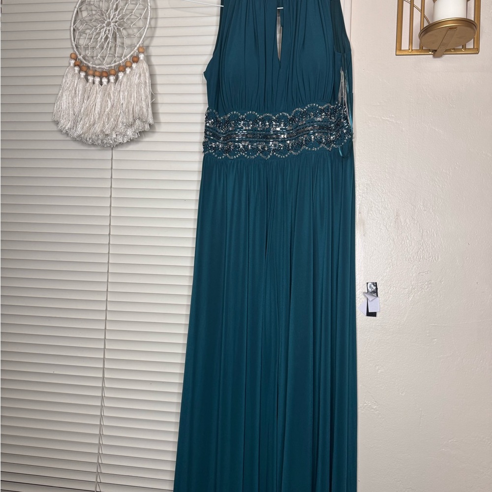 R & M Richards Teal Evening Dress with Silver Accents